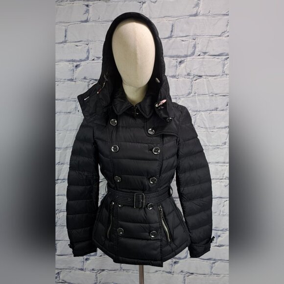 Burberry Women's Puffer Winter Jacket Grey Goose Down Fill Black Hooded Small